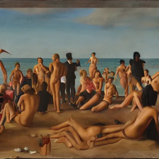 Image similar to an art piece depicting a social gathering on a beach in the style of richard hamilton