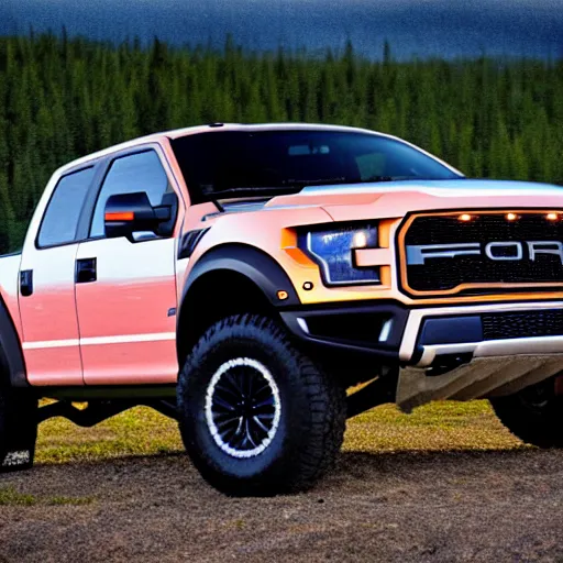 Prompt: a highly detailed photo of a ford raptor in alberta at sundown, 4 k high - resolution photograph, ultra detail, hd photo