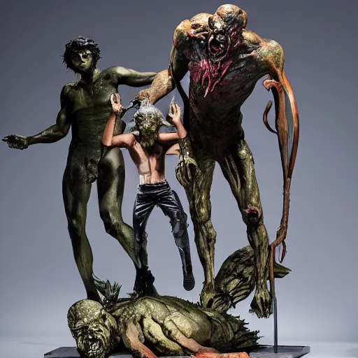 Image similar to anime threatening by frank weston benson, by erik jones. the sculpture features a group of monsters who live in a castle & have to deal with frankenstein's monster.