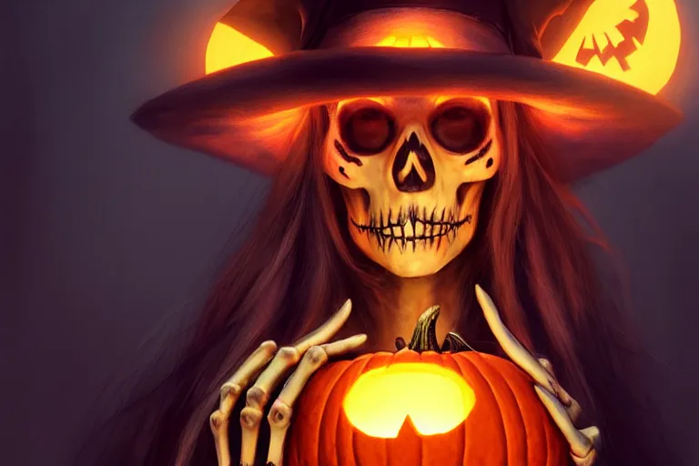 Image similar to portrait of a skeleton with a witch hat holding a jack - o - lantern, halloween night, charlie bowater, artgerm, ilya kuvshinov, krenz cushart, ruan jia, realism, ultra detailed, 8 k resolution