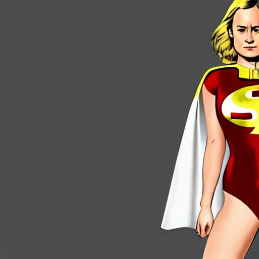 Image similar to brie larson as dc comics'' power girl ', full body with white leotard costume and cape and chest keyhole, pinup photo, 4 k