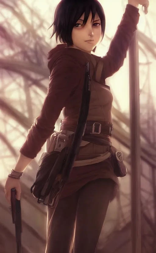 Image similar to mikasa ackerman, hero pose, medium shot, bokeh, beautiful face!!!!, 2 7 years old, cg animation, lifelike, animated, realistic, character select portrait, by artgerm, greg rutkowski, alphonse mucha, 3 d