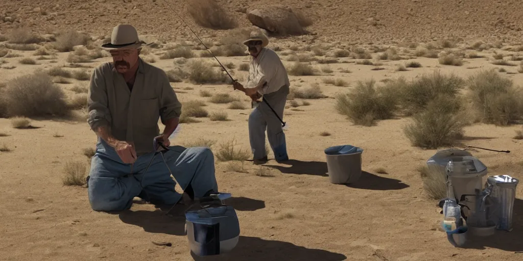 Image similar to walter white fishing in the desert, highly detailed, 8 k, masterpiece, super resolution.