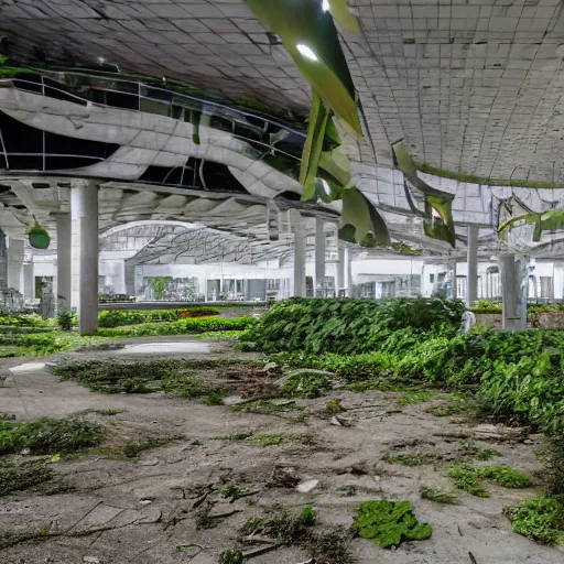 Image similar to an abandoned vaporware mall with growing vegetations