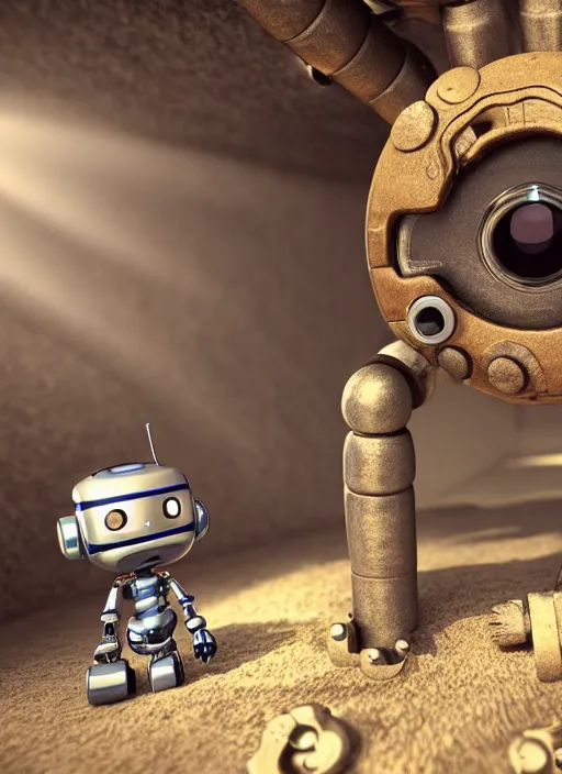 Image similar to a cute little robot, wearing clothes, clockwork gears visible in a hole in his chest, global illumination, radiant light, detailed and intricate environment