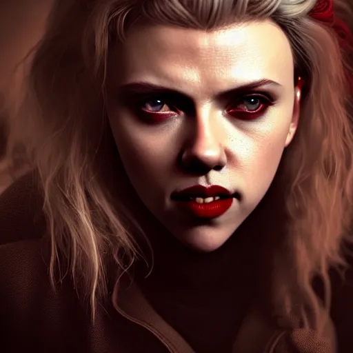 Image similar to cute vampire scarlett johansson, ultra realistic, concept art, intricate details, dark vibe, highly detailed, photorealistic, octane render, 8 k, unreal engine,