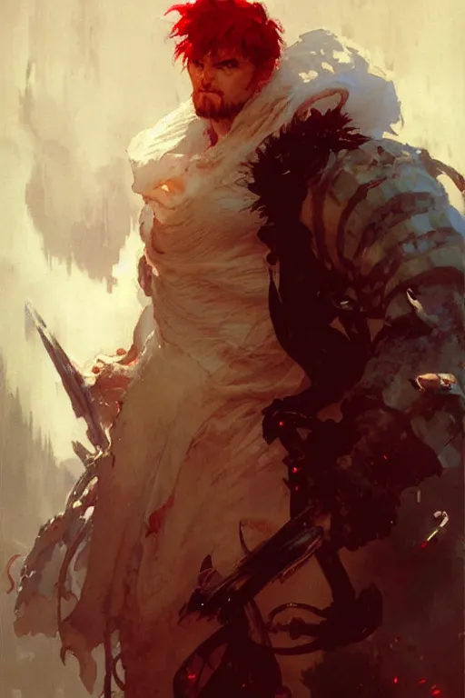 Prompt: white blob with red hair with an evil smug grin portrait dnd, painting by gaston bussiere, craig mullins, greg rutkowski, yoji shinkawa