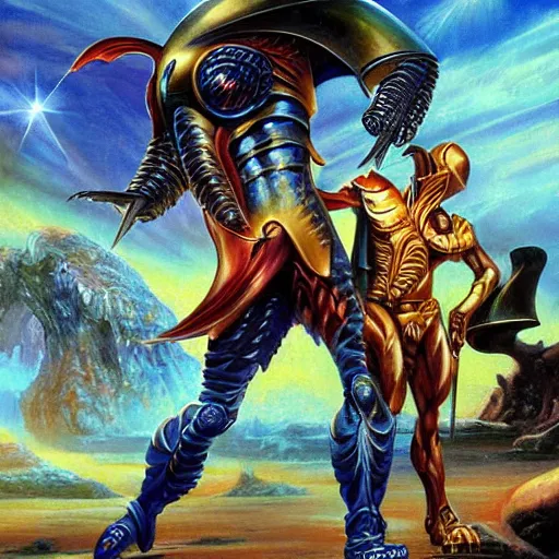 Prompt: a knight battling an alien king painting by boris vallejo & julie bell