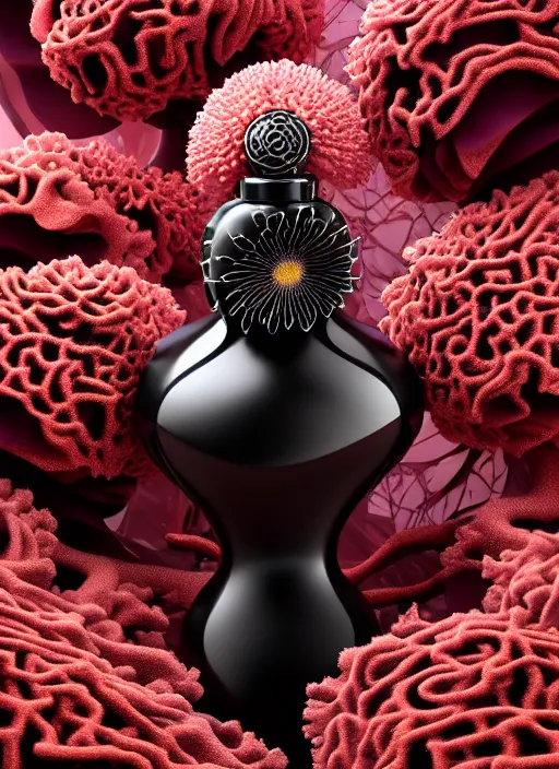 Prompt: perfume bottle standing in a miniature biomechanical black enchanted coral kingdom made of corals, daisies, roses in an ivory room well contoured smooth fair walls, up close shot, sharp focus, global illumination, radiant light, alexandre ferra white mecha, irakli nadar, octane highly render, 4 k, ultra hd,