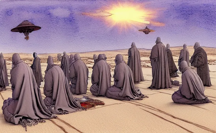 Prompt: a hyperrealist watercolour concept art of a group of medieval monks in grey robes kneeling in prayer on a desert road. a large steampunk ufo is above them in the sky. by rebecca guay, michael kaluta, charles vess and jean moebius giraud. high detail, hq, wide shot