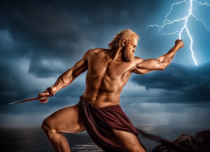 Image similar to photo of zeus throwing lightning spear at chronos. mythology style. highly detailed 8 k. intricate. lifelike. soft light. sony a 7 r iv 5 5 mm. [ cinematic post - processing ].