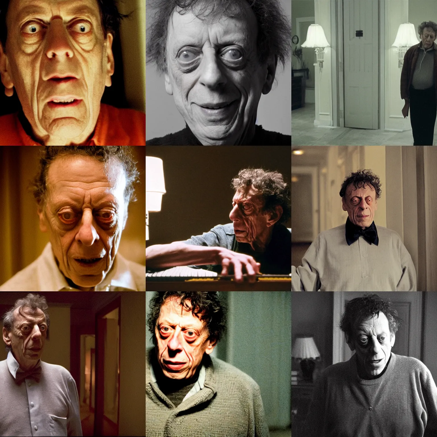 Prompt: a still of Philip Glass in The Shining