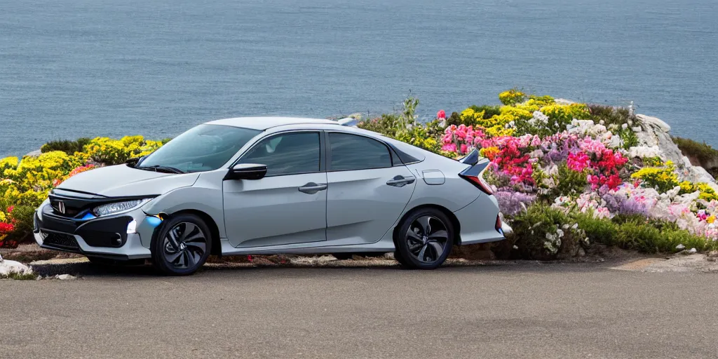 Prompt: A honda civic sitting on a sea cliff, surrounded by flowers