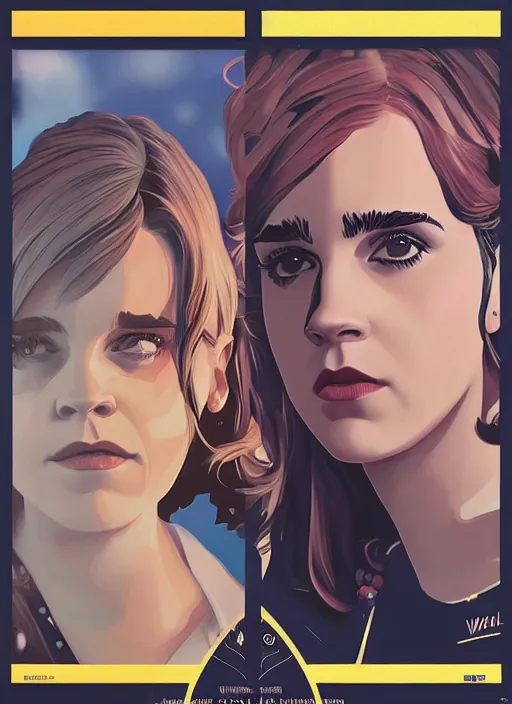 Image similar to poster artwork by Michael Whelan and Tomer Hanuka, Emma Watson and Kiernan Shipka in retro beauty pageant, clean, flat painting, trending on artstation and unreal engine