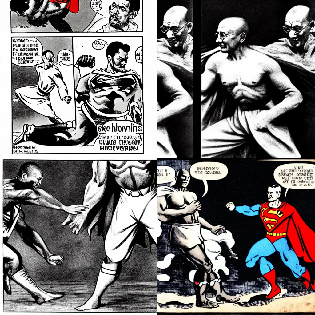 Prompt: Ghandi kicking superman in the groin