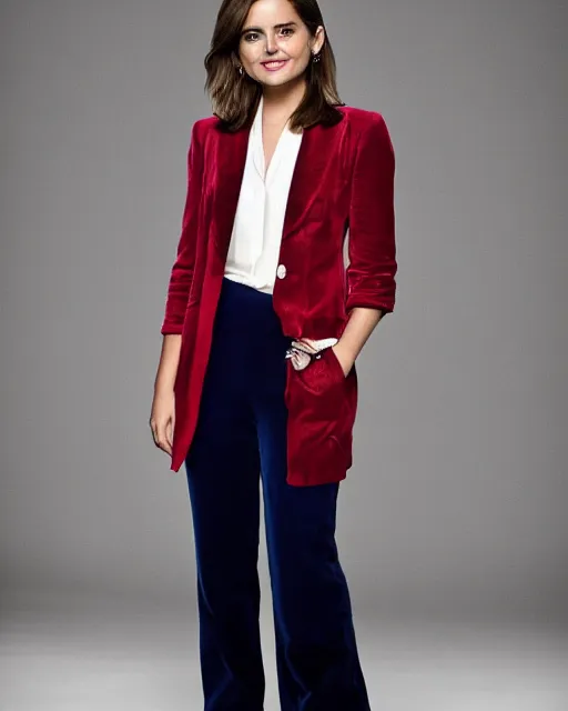 Image similar to Jenna Coleman as the Doctor, velvet blazer, waistcoat, trousers