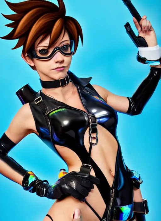 Image similar to full body digital artwork of tracer overwatch, wearing black iridescent rainbow latex swimsuit, 4 k, expressive happy smug expression, makeup, in style of mark arian, wearing detailed black leather collar, wearing chains, black leather harness, leather cuffs around wrists, detailed face and eyes,