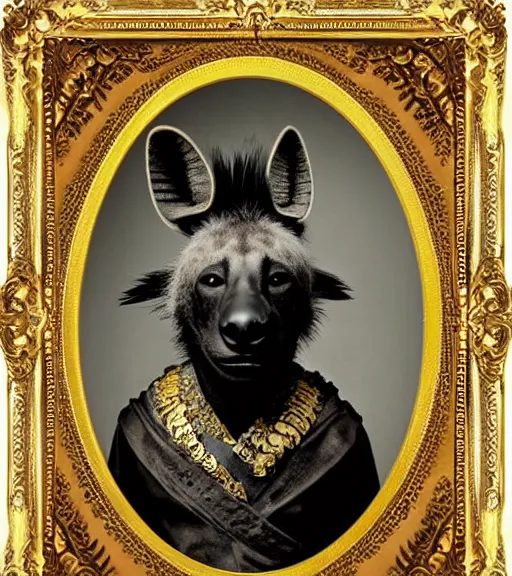 Prompt: professional studio photo portrait of anthro anthropomorphic spotted hyena head animal person fursona smug smiling wearing elaborate pompous royal king robes clothes gold frame by Louis Daguerre daguerreotype tintype