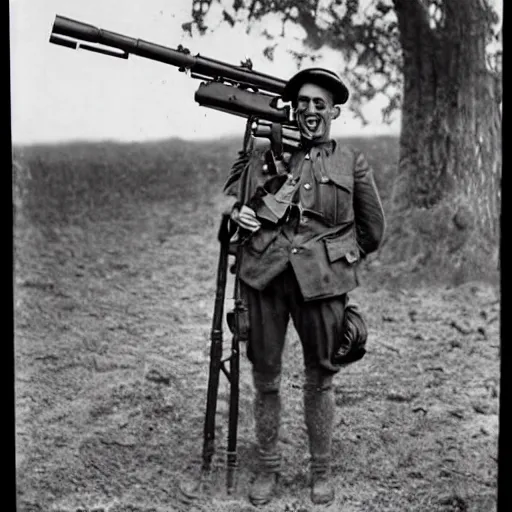 Image similar to old wartime photograph of crazy frog holding a lewis gun, 1 9 1 7