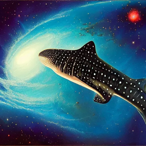 Prompt: gouache painting of a whale shark flying through a swirling, luminous nebula, elegant, ultra detailed, bob eggleton