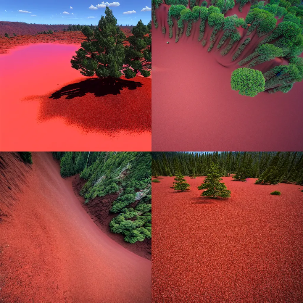 Prompt: trees spawned in mid-air leave red sand on the ground below.