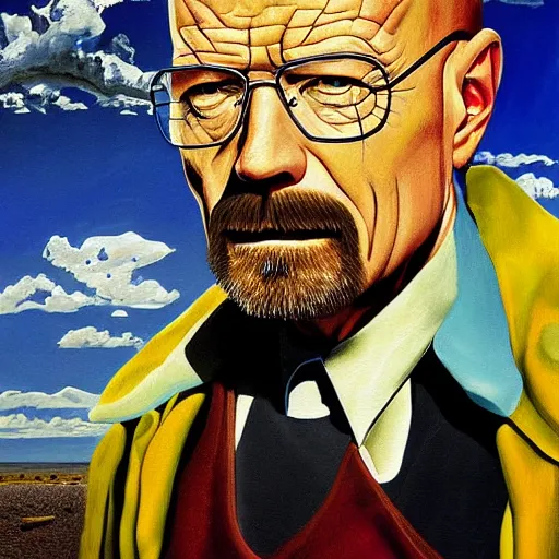 Prompt: A painting of Walter White in the New Mexico desert, by Salvador Dali