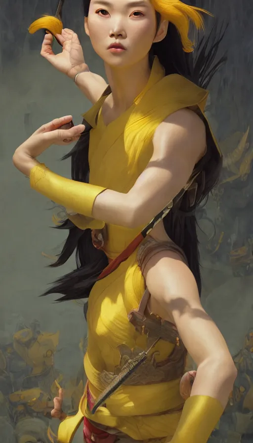 Image similar to epic masterpiece mulan, drama, sweaty skin, hyperrealistic, octane render, cinematic, beautiful face and flawless skin, perfect hands, 5 fingers, yellow by Edgar Maxence and Ross Tran and Michael Whelan and Lorenzo Sperlonga, Brom, Legends of Runeterra