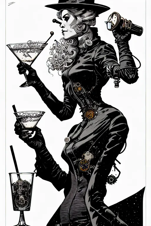 Image similar to side view of a majestic steampunk alchemist wizard holding a martini, high details, bold line art, by vincent di fate and joe fenton, inking, etching, screen print, masterpiece, trending on artstation, sharp, high contrast, hyper - detailed,, hd, 4 k, 8 k