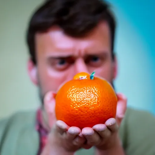 Image similar to a photo of a suprised holding an orange, the man's face can be seen in the photo, his eyes are more open, looking at the viewer, his mouth is open, he is holding the orange in his hand.