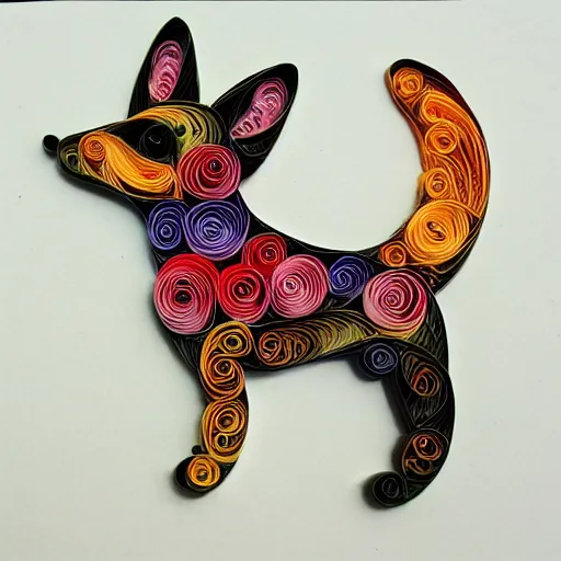 Prompt: intricate paper quilling, corgi puppy, flowers, swirls, vibrant, colorful