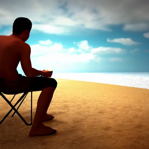 Prompt: a man chilling on the beach drinking golden premium gasoline, realistic, hdr, clear image, hdd, dynamic lighting, rtx on,