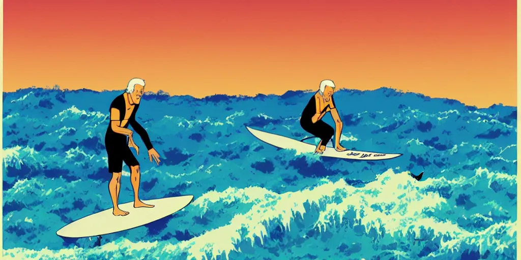 Image similar to joe biden surfing campaign poster, hawaii studio ghibli