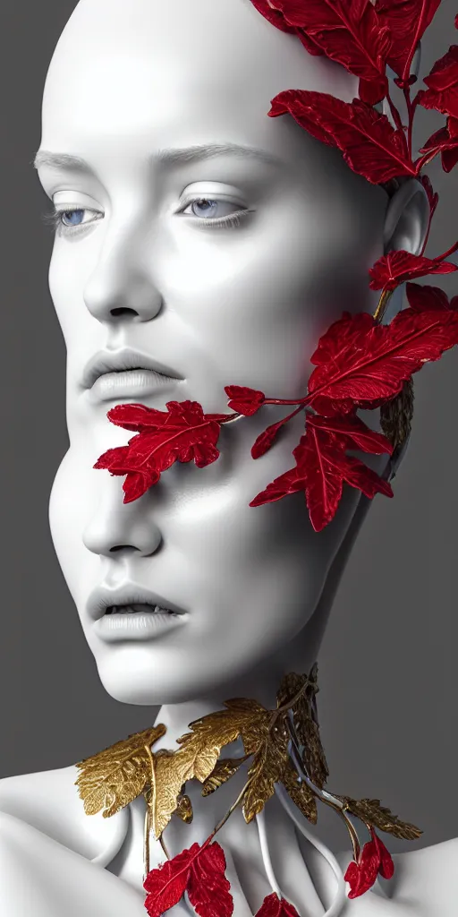 Image similar to complex 3d render ultra detailed of one single beautiful porcelain profile woman face, mechanical cyborg, 150 mm, accent lighting, beautiful studio soft light, rim light, silver gold red details, luxurious, magnolia big filigran ultra detailed leaves and stems, roots, Alexander Mcqueen haute couture, fine foliage lace, mesh wire, beautiful background, filigran intricate details, hyperrealistic, mandelbrot fractal, anatomical, silver metal armor, facial muscles, cable wires, microchip, elegant, white background, beautiful white teeth, beautiful lips, octane render, H.R. Giger style, 8k