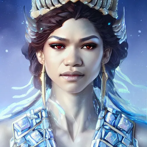 Prompt: zendaya as the goddess of ice, art by artgerm and greg rutkowski and sakimichan, trending on artstation