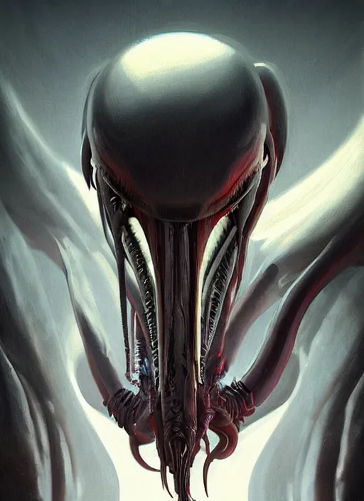 Prompt: a digital painting of a symmetric xenomorph, by netter, muscular, deadly, style from greg rutkowski, beautiful eyes, long hair, full frame, oil painting, featured on artstation, concept art, smooth, sharp focus, illustration, very detailed, ambient lighting, unreal engine render, concept art by Atey Ghailan, by Loish, by Bryan Lee O'Malley