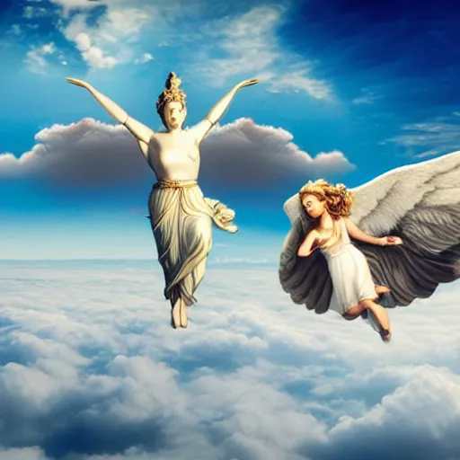 Image similar to A goddess and an angel flying above the clouds