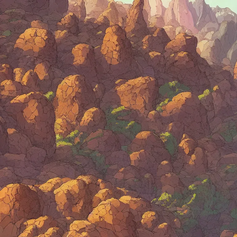 Prompt: bunch of different shapes and sizes of canyon rocks and arcs, concept art by jean giraud, featured on deviantart, environmental art, 2 d game art, concept art, artstation hq