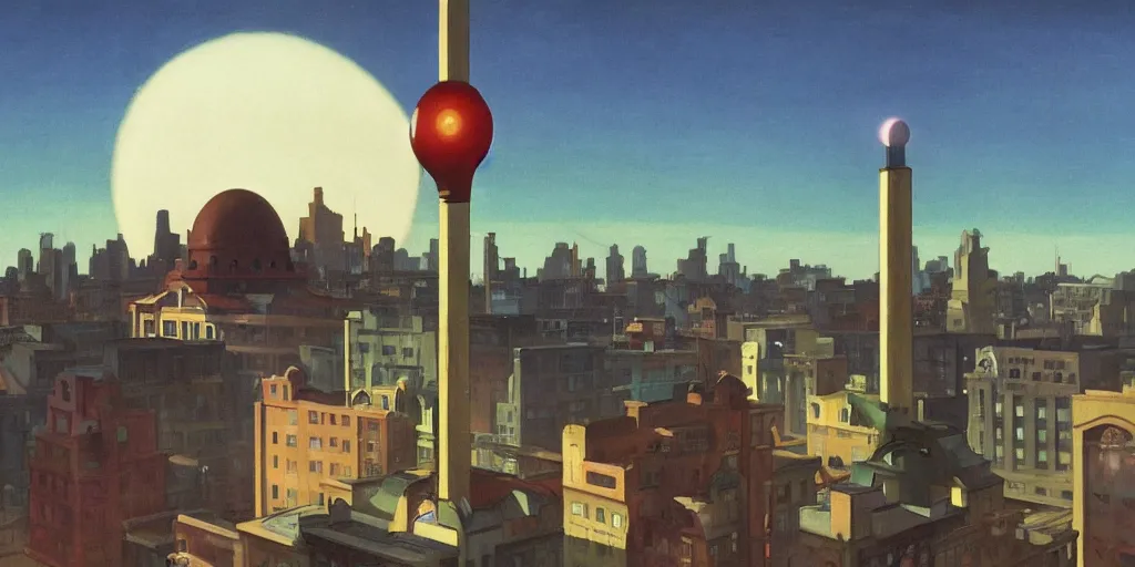 Image similar to A mysterious glowing and powerful atom shines above a city square, dieselpunk, by Studio Ghibli and Edward Hopper