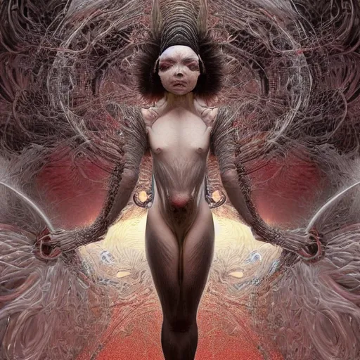 Image similar to bjork as a cyber creature from a parallel universe by alexander mcqueen, zdzisław beksinski and alphonse mucha. highly detailed, hyper - real, very beautiful, intricate fractal details, very complex, opulent, epic, mysterious, trending on deviantart and artstation, award - winning design