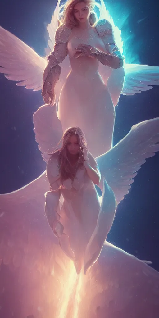 Prompt: angel with big wings, low key light, full plate armor with cloth, f 1 6, bokeh, extreme close up portrait, gentle, female, mountain, storm, god rays, landscape, d & d, fantasy, elegant, teal pink white gold color palette, concept art, moebius, greg rutkowski, alphonse mucha