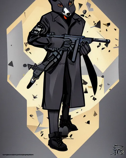 Prompt: a fox wearing a black trench - coat holding a diamond studded mini - gun, comic art style, digital art,