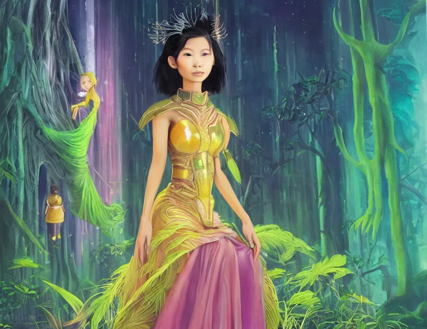 Image similar to southeast asian scifi princess of the cloud forest, wearing a lovely dress with cyberpunk details. this oil painting by the beloved children's book author has an interesting color scheme and impeccable lighting.