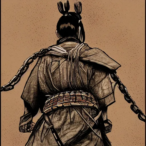 Image similar to a portrait from behind of a samurai man vagabond that holds chains, detailed, illustration, concept art, ink style, sketch