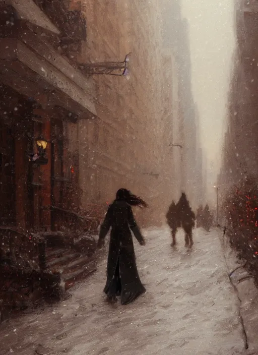 Prompt: back of emma stone in beige coat, walking into new york apartment building in winter, zoomed out, artwork by gaston bussiere, craig mullins, trending on artstation