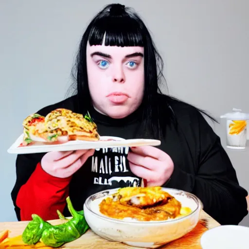 Prompt: morbidly obese billie eilish doing mukbang on video