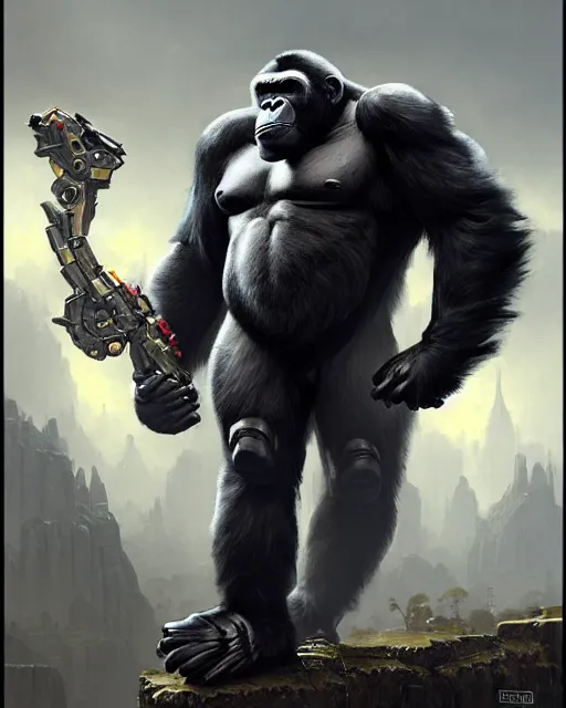 Image similar to winston the gorilla in his armor from overwatch, character portrait, concept art, intricate details, highly detailed by greg rutkowski, michael whelan and gustave dore