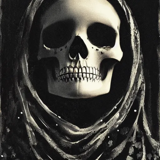 Image similar to close up portrait of a scandinavian female skeleton with a veil and crown, satanic kvlt by peder balke by peder balke by greg rutkowski, by guido crepax by norman bluhm mystic high contrast monochromatic noir angst pagan magic symbols