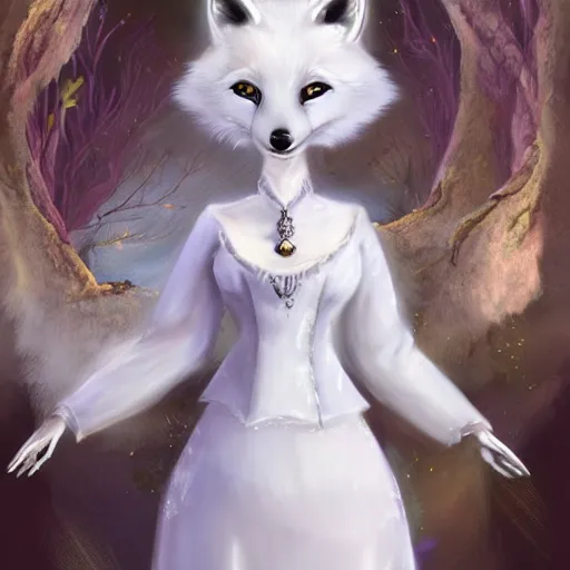 Prompt: a regal character design of a feminine anthropomorphic arctic fox wearing a white dress and necklace, character art, whimsical, concept art, pretty princess, wlop, artstation, highly detailed digital art. Airbrushed anthro arctic fox female in a dress