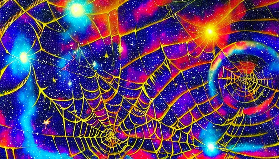 Prompt: a galaxy exploding, psychedelic colors, a blacksmith swinging his hammer at his forge, realistic reflections, body building blacksmith, stars, psychedelic patterns, fractal, rippling fabric of reality, the spider that weaves the web of time, sharpen lines, 1974 poster