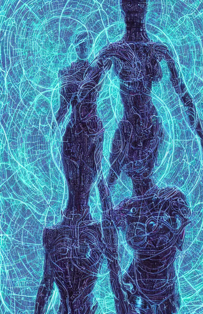 Image similar to an cybernetic goddess, contemplating existence, beyond the known universe, fine art, bokeh, omnidimensional, ocd, electroluminescent wire by wayne barlowe